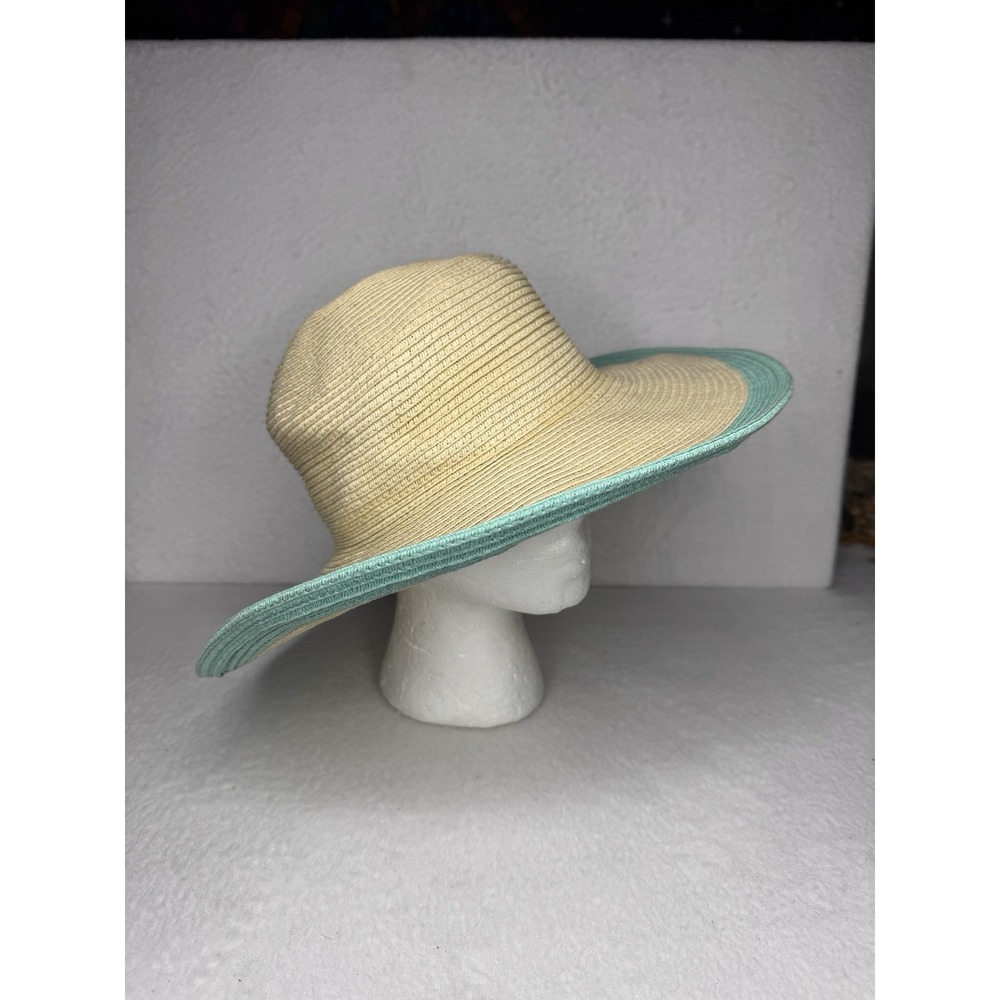 Croft & Barrow‎ Wide Brim Sun Hat Floppy Beige Aqua Trim One Size Summer Boho - Picture 3 of 5